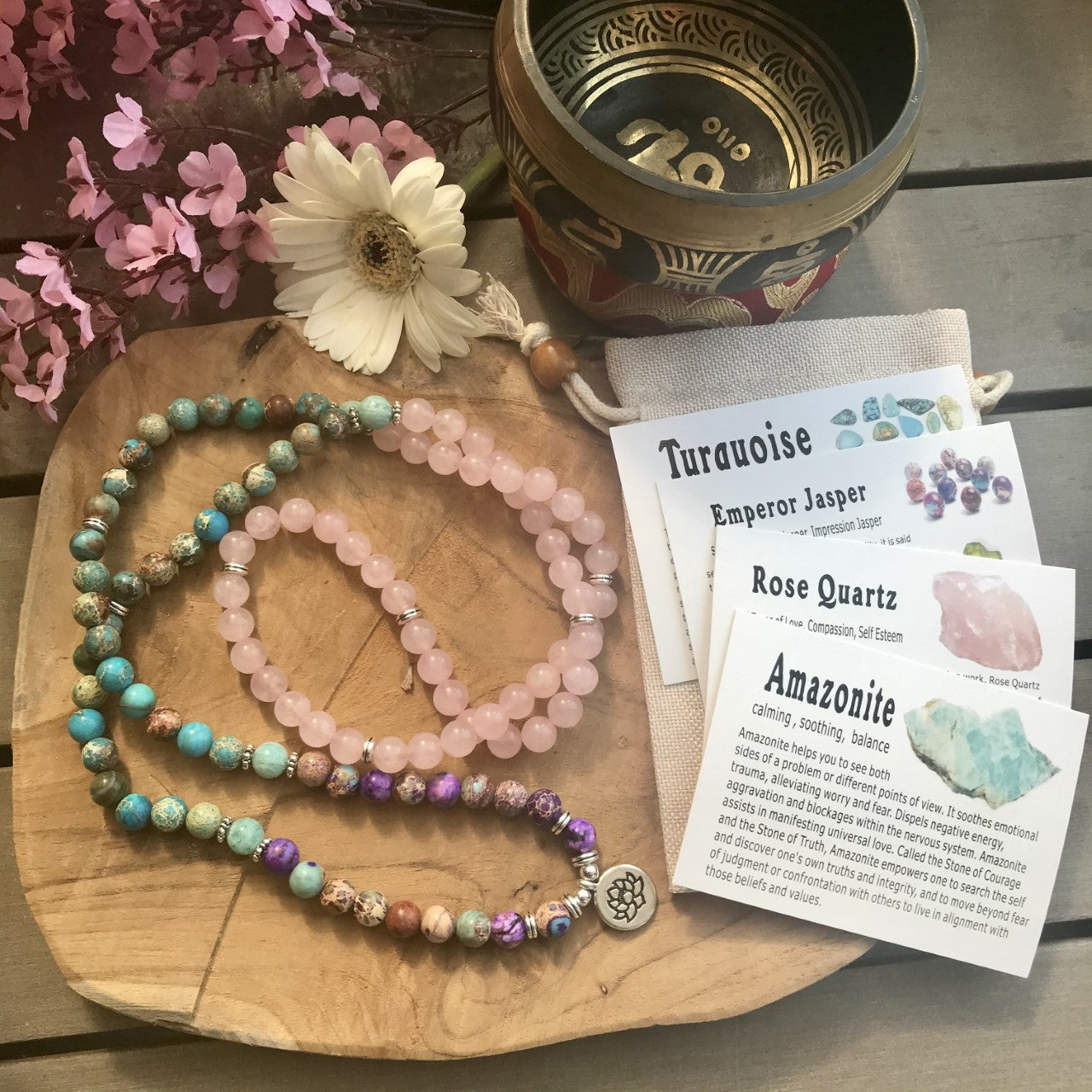 Beautiful Mala of Rose Quartz, Amazonite, Turquoise and Emperor Jasper