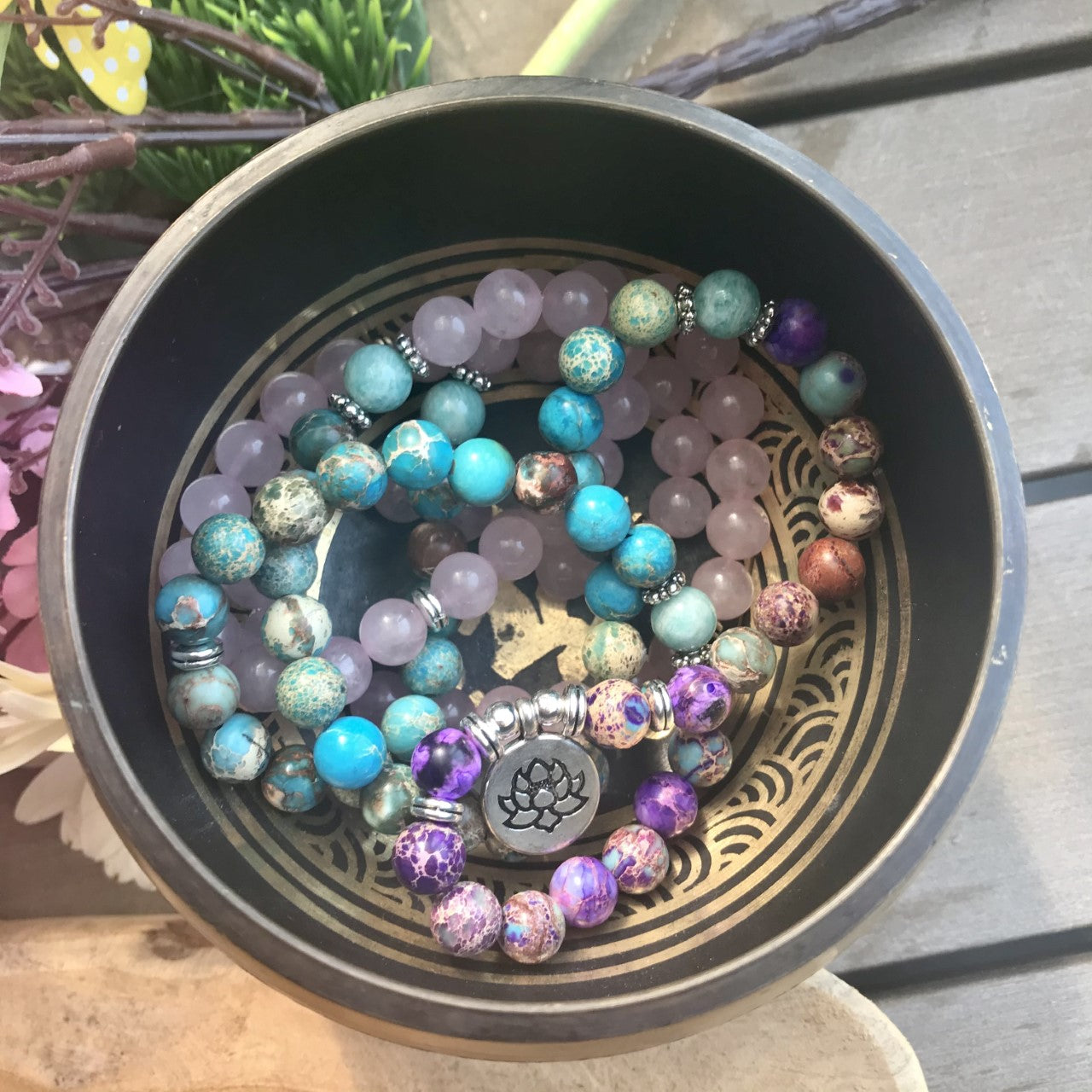 Beautiful Mala of Rose Quartz, Amazonite, Turquoise and Emperor Jasper
