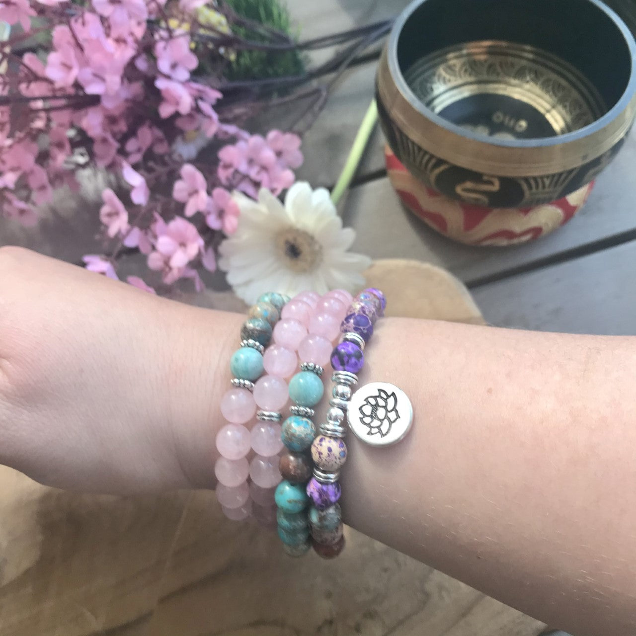 Beautiful Mala of Rose Quartz, Amazonite, Turquoise and Emperor Jasper