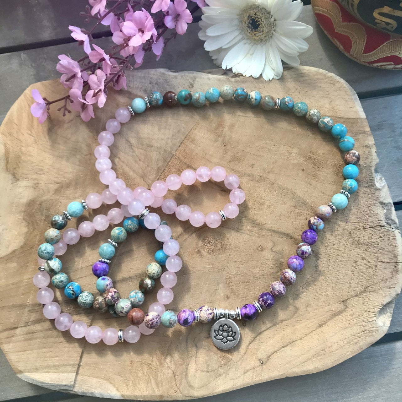 Beautiful Mala of Rose Quartz, Amazonite, Turquoise and Emperor Jasper
